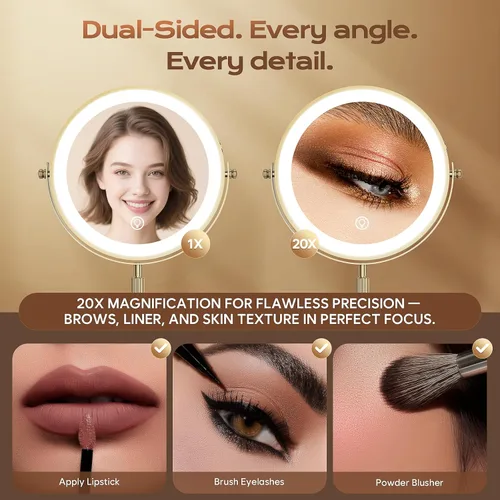 Miniatura 4 de Espejo de maquillaje con luces, 1x/20x 360°, espejo de maquillaje iluminado ajustable con brillo, espejo de maquillaje con aumento, espejo