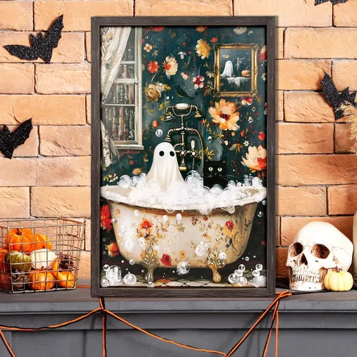 Decoración vintage de pared fantasma y gato negro en la bañera, baño, arte de pared enmarcado, decoración estética vintage para Halloween, galería,
