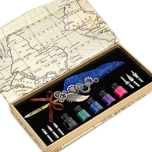 NC Juego de tinta de plumas, incluye 5 botellas de tinta y 6 puntas reemplazables, bolígrafo mecánico para escribir, letras, diario, firma, Azul