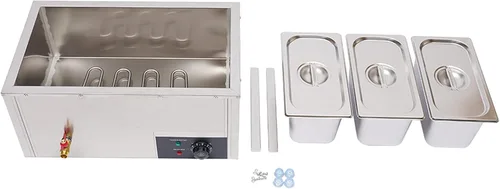 Miniatura 4 de Calentador eléctrico comercial de alimentos de 22.2 cuartos de galón, 850 W, mesa de vapor de 3 bandejas, encimera de buffet Bain Marie de acero