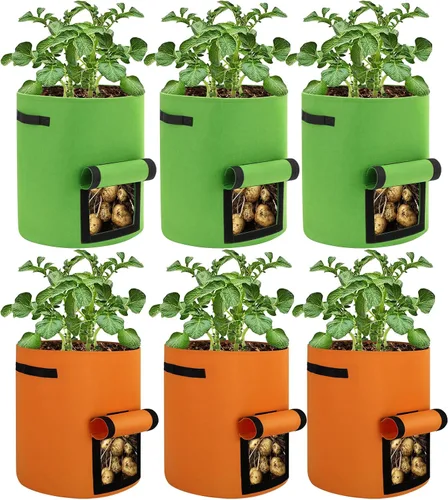 Miniatura 8 de Paquete de 6 bolsas de cultivo de papas, bolsas de plantación de 10 galones, macetas grandes de tela con ventana de solapa, maceta de jardín, Negro