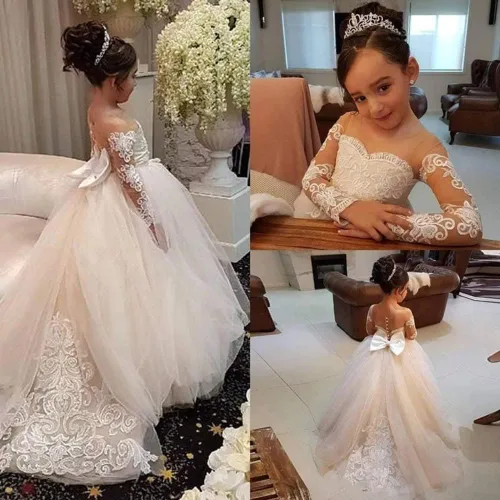 Miniatura 2 de Eightale Long Sleeve Flower Girl Dresses White Lace Tulle Princess Gown Formal Pageant Dress for Wedding