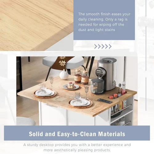 Miniatura 4 de Isla de cocina con toma de corriente, isla de almacenamiento de cocina con hojas caídas y madera de goma, mesa de carrito de cocina con 5 ruedas