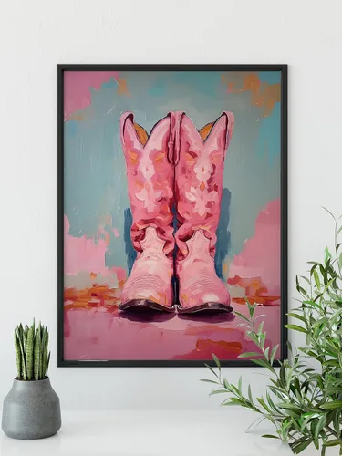 Miniatura 6 de TwoDays Botas de vaquera rosadas para decoración de habitación, pinturas femeninas del oeste para apartamento, botas de vaquero costero, impresiones