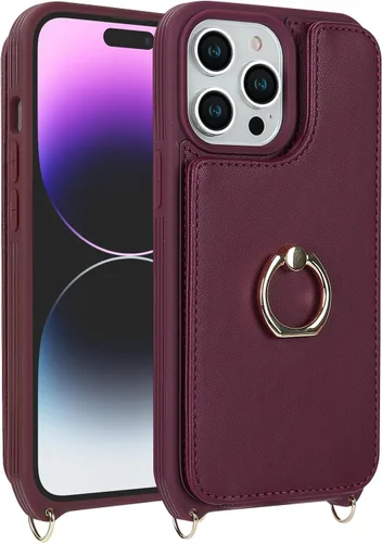 Miniatura 4 de Lipvina Funda para iPhone 14 Pro Max con tarjetero para mujer, funda para teléfono con correa, cordón cruzado, soporte de anillo, cierre a presión