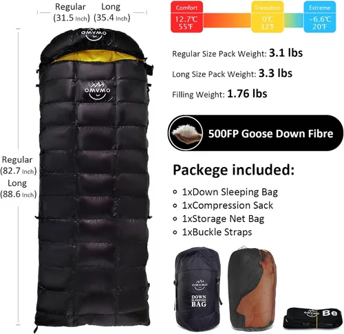 Miniatura 2 de 0 20 Degrees F Down Sleeping Bag for Adults,4 Season Rectangle Down Sleeping Bag for Camping Hiking Negro/Cremallera Derecha