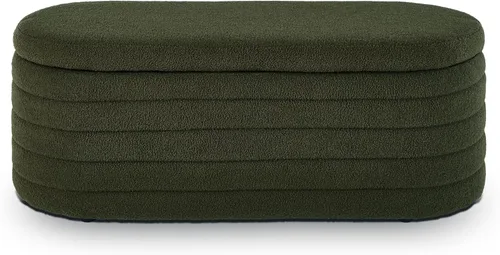 Miniatura 4 de Setawix Banco de almacenamiento de peluche verde para el extremo de la cama, banco de almacenamiento ovalado copetudo con canal, banco de asiento