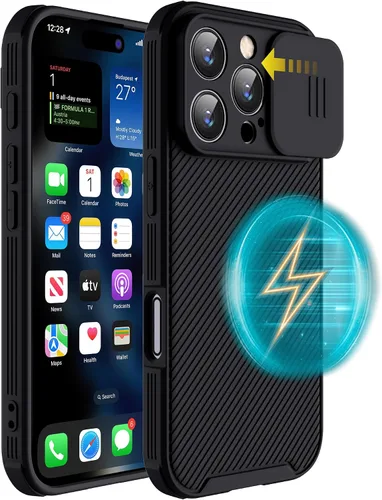 Funda magnética para iPhone 16 Pro Max, funda protectora de cámara para iPhone 16 Pro Max [compatible con carga MagSafe] con cubierta deslizante
