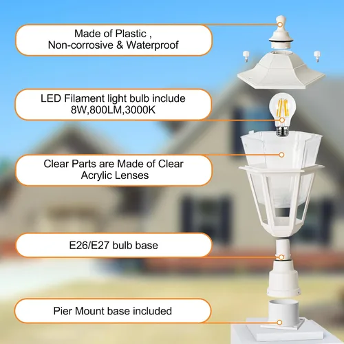 Miniatura 3 de FUDESY Luz de poste para exteriores, lámpara blanca para exteriores con base de montaje en muelle, lámpara de poste impermeable con enchufe E26
