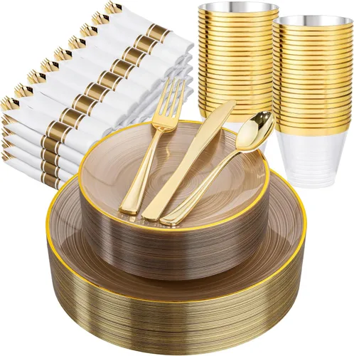Miniatura 15 de Morejoy 175 platos de plástico rojo, platos desechables rojos con borde dorado, juego de vajilla de plástico rojo y dorado incluye: 50 platos, 25