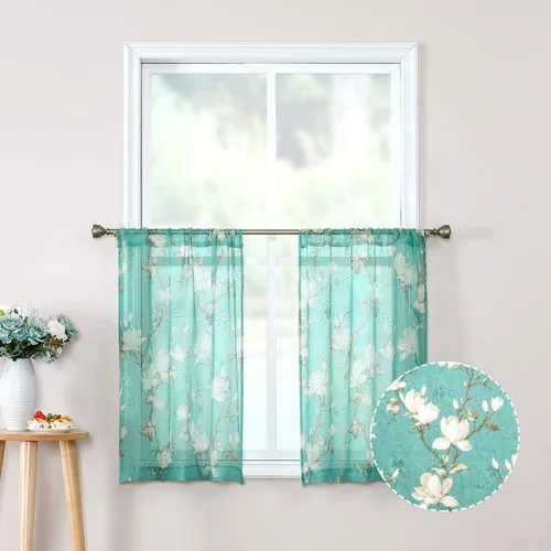 Miniatura 11 de Tollpiz - Cortinas cortas florales azules transparentes, con diseño de flores y enredaderas bordadas, cortinas de media cocina para café
