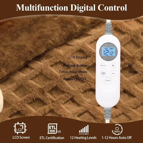Miniatura 2 de Manta eléctrica Eastsora: manta eléctrica calefactora de gofre con 12 niveles de calor, manta de calentamiento rápido con configuraciones