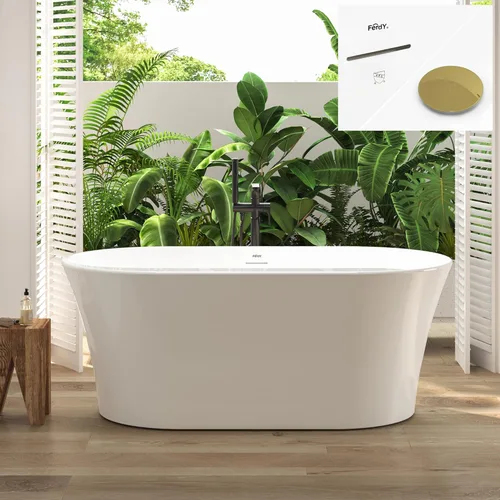 Miniatura 42 de FerdY Shangri-La - Bañera de acrílico independiente de 67 pulgadas, bañera de remojo de acrílico de forma ovalada clásica con desagüe de níquel