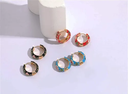 Miniatura 5 de Aretes de aro pequeños con diseño de flores esmaltadas vintage, estilo japonés, para mujer