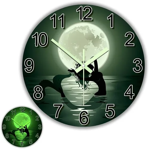 The Geeky Days Reloj colgante de sirena con luna llena que brilla en la oscuridad, funciona con pilas, de cuarzo silencioso luminoso de 12 pulgadas,