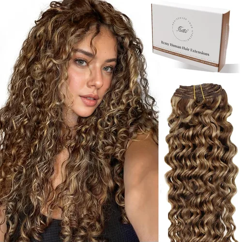Miniatura 26 de Hetto - Extensiones de cabello humano onduladas con clip, color #2 castaño oscuro, extensiones de cabello humano natural para cabeza completa