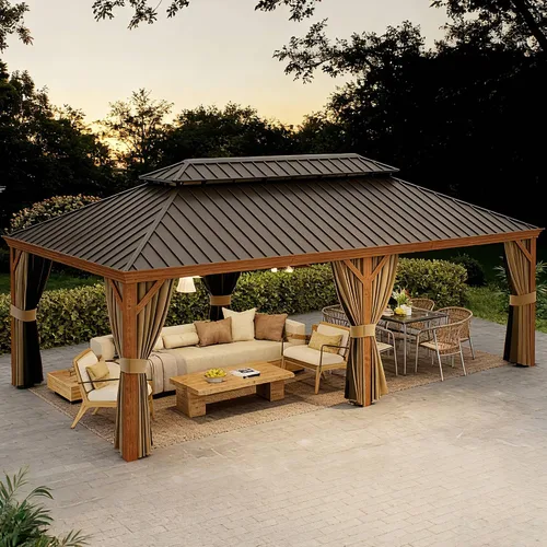 Miniatura 8 de Cenador de techo rígido de 12 x 14 pies, carpa de metal para exteriores, toldo de acero galvanizado de doble techo, acabado de madera recubierto
