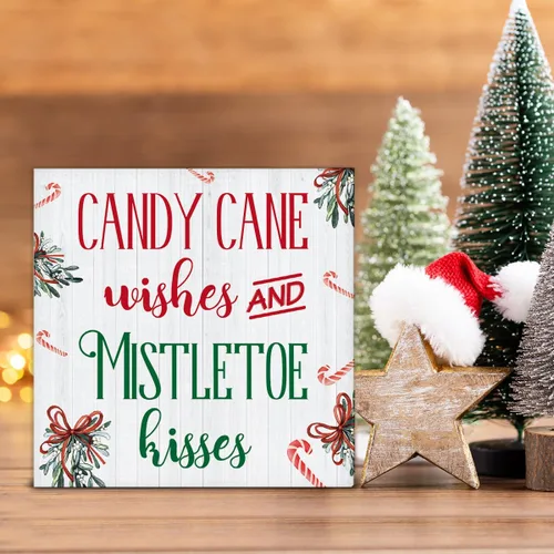 Miniatura 4 de Divertida decoración de Navidad, decoraciones navideñas para interiores, deseos de bastón de caramelo y besos de muérdago, letrero de madera rústico
