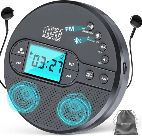 Reproductor de CD portátil de 2000mAh con Bluetooth Discman recargable con transmisor FM, auriculares, pantalla LCD, AUX, altavoz incorporado, USB,