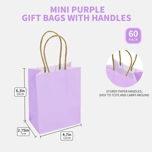 Miniatura 4 de DjinnGlory Paquete de 60 mini bolsas de regalo de papel morado con asas, 6.3 x 4.7 x 2.75 pulgadas, pequeñas bolsas de lavanda para cumpleaños