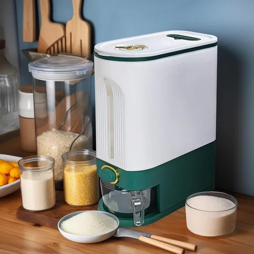Miniatura 5 de LUOKER Dispensador de arroz, almacenamiento de arroz de 25 libras con taza medidora, recipiente de arroz blanco y verde con un solo toque