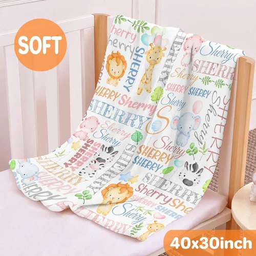 Miniatura 4 de Manta personalizada con nombre de bebé, regalo para niños y niñas, franela suave, manta personalizada con león, elefante, jirafa, manta de forro