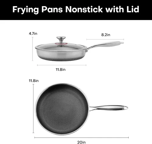 Miniatura 7 de Lazycorner - Sartén antiadherente con tapa, ollas de cocina de acero inoxidable de 12 pulgadas, sin tóxicos, compatible con inducción, libre