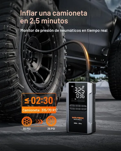 Miniatura 4 de WOLFBOX Arrancador de 3000 A con compresor de aire, batería portátil de coche de 59.2 Why 160 PSI con carga rápida de 65 W, batería de 12 V
