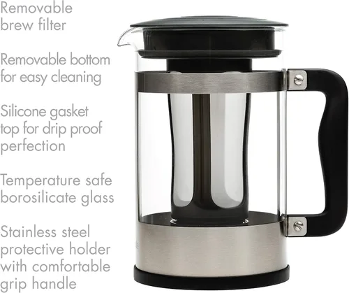 Miniatura 3 de Primula Kedzie - Cafetera helada de lujo con mango de agarre cómodo, jarra de vidrio duradera, filtro de malla extraíble, 6 tazas, acero inoxidable