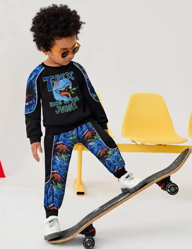 Miniatura 3 de KANGKANG Conjunto de sudadera de manga larga con estampado de letras para niños pequeños, conjunto de pantalones con estampado de dinosaurio