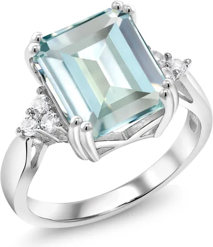 Miniatura 35 de Gem Stone King Anillo de compromiso con piedra natal de 5-10 quilates para mujer, plata de ley 925, corte esmeralda de 0.47 x 0.394 pulgadas, anillo