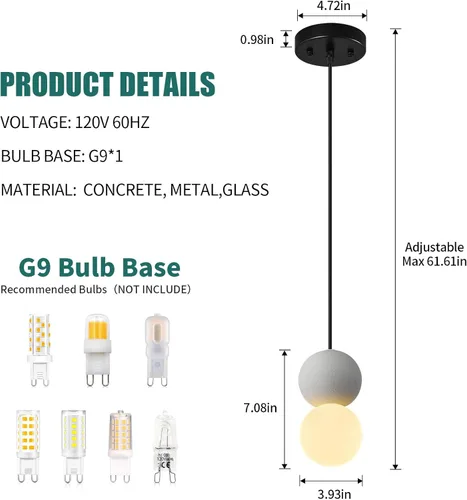 Miniatura 2 de Moderna lámpara colgante de hormigón de 1 luz para isla de cocina, lámpara de techo de bola de vidrio blanco, iluminación colgante para comedor