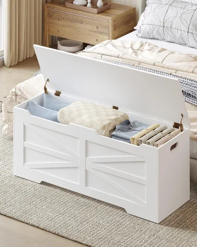 Miniatura 9 de Hzuaneri Baúl de almacenamiento de 47.2 pulgadas, baúl de almacenamiento extragrande con 2 bisagras, banco de caja de madera, baúl organizador Blanco
