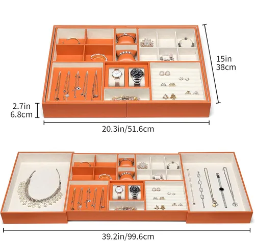 Miniatura 2 de Bandeja grande de joyería para mujeres y hombres caja organizadora de joyas para cajón aparador armario con 2 cajones extraíbles aretes anillo