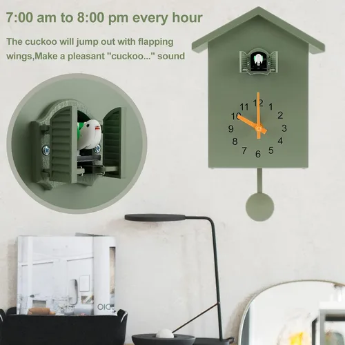 Miniatura 4 de Reloj de cuco de cuco, reloj de pared de cuco, voces de pájaro de cuco, diseño de péndulo, con péndulo, funciona con pilas, para decoración