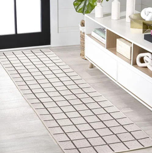 Miniatura 8 de JONATHAN Y Grid Squares - Alfombra de pasillo para interiores y exteriores, 2 x 8 pies, color negro/crema, moderna para patio trasero, porche, fácil