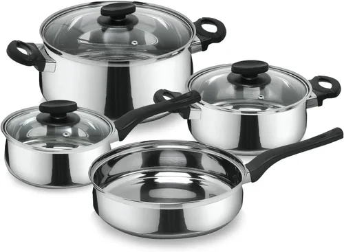 MAGEFESA Deliss - Juego de utensilios de cocina de acero inoxidable de 7 piezas, incluye 2 ollas, cacerola y sartén profunda, compatible con