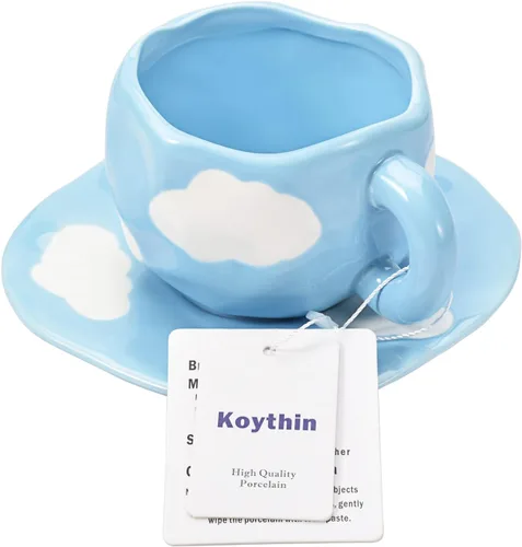 Miniatura 3 de Koythin - Juego de taza de café de cerámica con platillo, linda taza de café con nubes y taza para oficina y hogar, tazas de cielo azul y nubes Azul