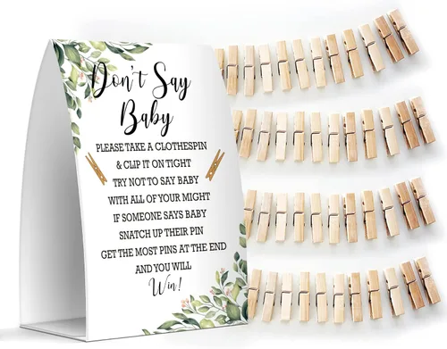 Miniatura 6 de Juego de texto en inglés "Don't Say Baby", un letrero de 5 x 7 pulgadas y 50 mini pinzas para la ropa, juegos de baby shower, decoración de baby