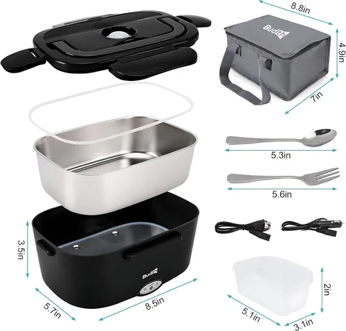Miniatura 2 de Lonchera eléctrica, calentador de alimentos portátil para automóvil, camión, oficina, adaptador de 12 V, 24 V, 110 V, a prueba de fugas, recipiente