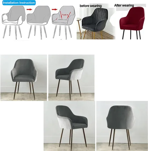 Miniatura 4 de Fundas protectoras de terciopelo elástico para sillas de comedor con brazos y respaldo curvado pequeño, juego de 6/4/2 para cocina, oficina, hogar