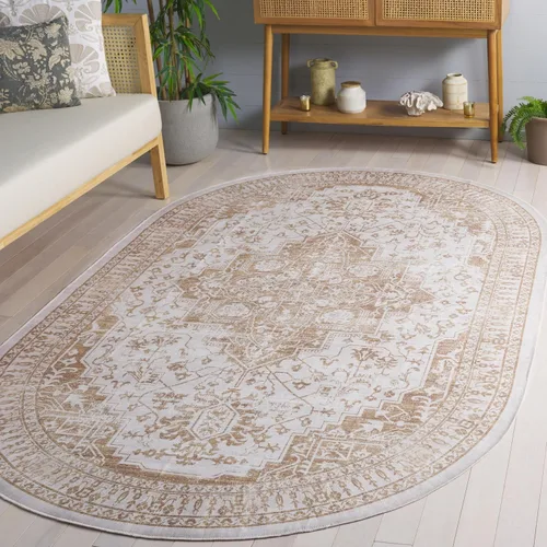SAFAVIEH Alfombra lavable Arizona Collection – 5 x 8 pies, ovalada, beige y dorado, antideslizante y fácil de limpiar, ideal para sala de estar,