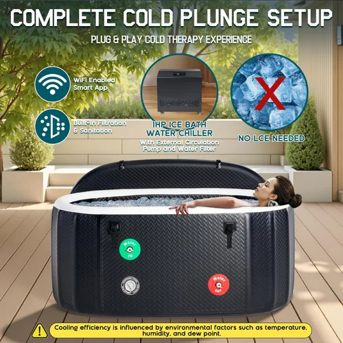 Miniatura 3 de Albott Bañera fría con enfriador de 1 HP, bañera de hielo inflable con control de aplicación, sistema UV/ozono, tapa y ruedas aisladas, bañera