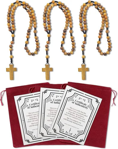 Rosario católico a granel de madera de olivo certificado de Israel, colgante de cruz colgante de madera, cuentas grandes, para hombres y mujeres,