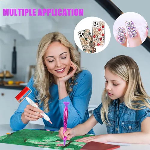 Miniatura 5 de Juego de herramientas de accesorios de pintura de diamante, 15 bolígrafos de arte actualizados, puntas de hilo con rodillo anticaídas, cera