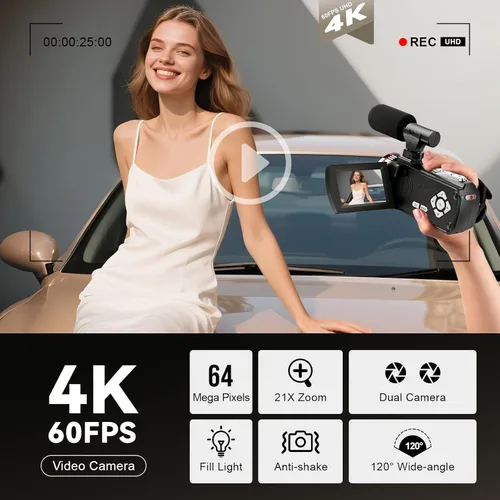 Miniatura 3 de Videocámara de video 4K, cámara de vlogging UHD de 64MP para YouTube TikTok, lente dual de 120° gran angular, pantalla IPS de 3.0 pulgadas, zoom