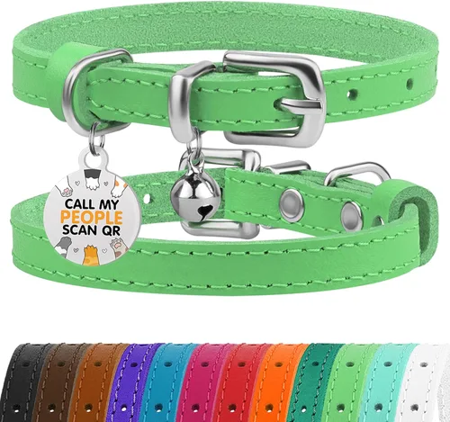 Miniatura 9 de BRONZEDOG Collar de cuero para gato con campanas extraíbles sin liberación rápida, etiqueta QR para gatito para niña y niño