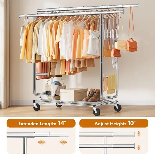Miniatura 12 de Gewudraw Estante de ropa resistente con carga de 900 libras, estante comercial de doble barra con ruedas y estantes resistentes, estante colgante