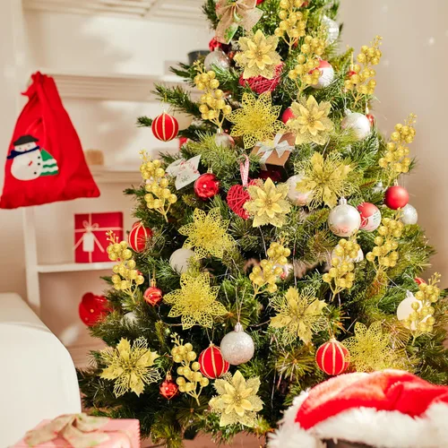 Miniatura 4 de Kit de 36 piezas de adornos de tallos de flores de nochebuena con purpurina y bayas, 24 piezas de flores artificiales con clips y 12 piezas de púas