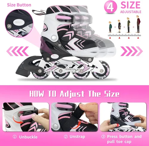 Miniatura 5 de Patines en línea NATTORK para niños, niñas y niños con ruedas completamente iluminadas, patines ajustables seguros y duraderos, patines para Rosa